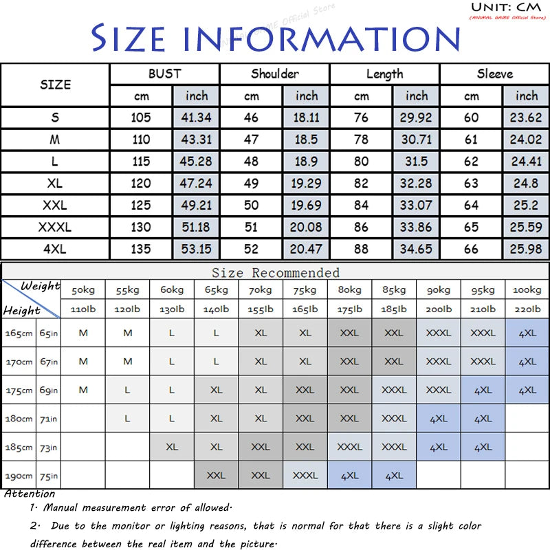 Size guide with garment measurements in inches and centimeters