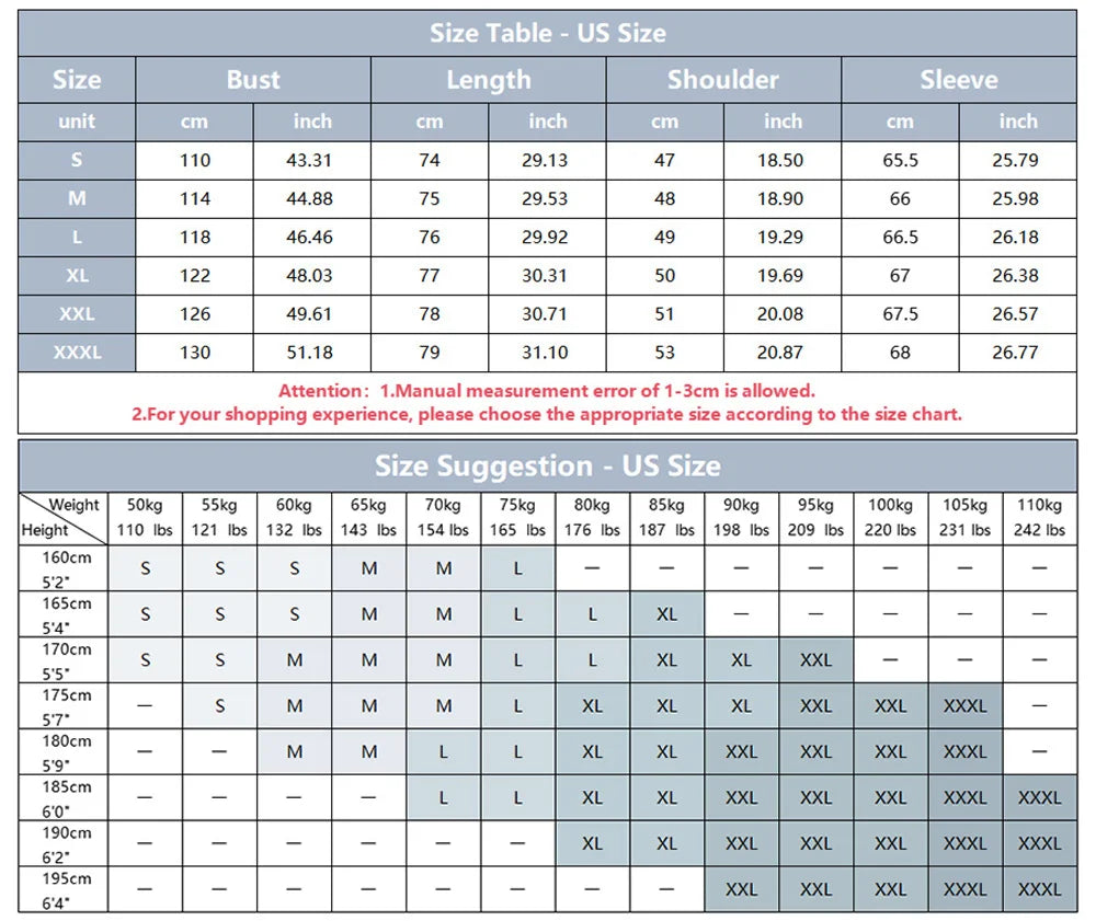 Size guide with garment measurements in inches and centimeters