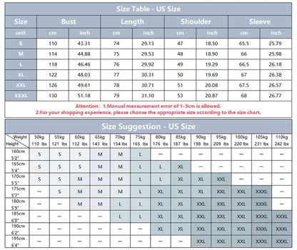 Size guide with garment measurements in inches and centimeters