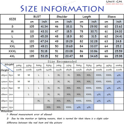 Size guide with garment measurements in inches and centimeters